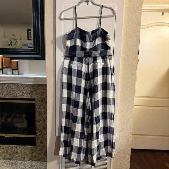 J.CREW Gingham Beauchamps Linen Spaghetti Strap Jumpsuit In Navy Ivory Size 12 - Picture 5 of 10